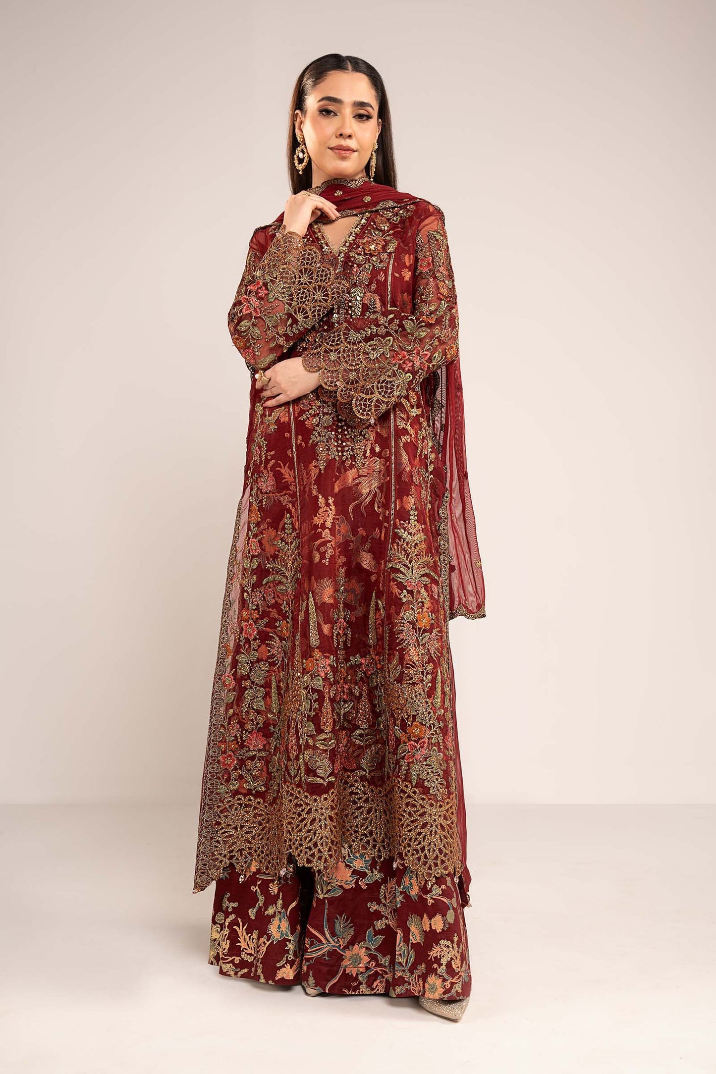 Maria B | Luxury Formals | SF-EF26-02-Maroon - Formal Dress - available at Maria Faisal in UK and USA.