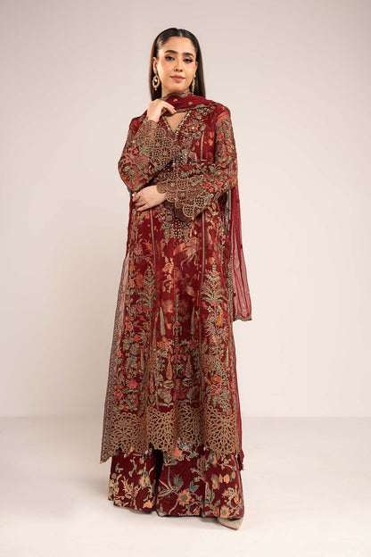 Maria B | Luxury Formals | SF-EF26-02-Maroon - Formal Dress - available at Maria Faisal in UK and USA.