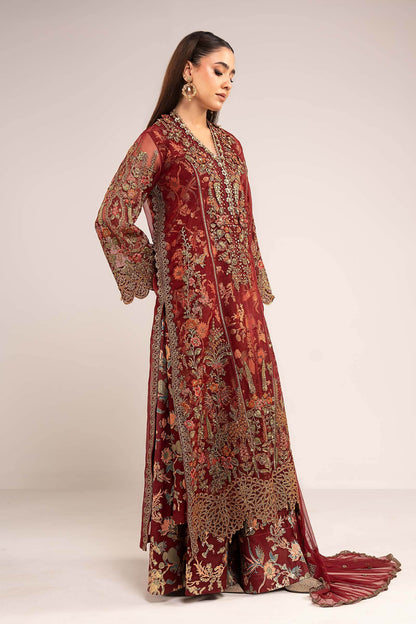 Maria B | Luxury Formals | SF-EF26-02-Maroon - Formal Dress - available at Maria Faisal in UK and USA.