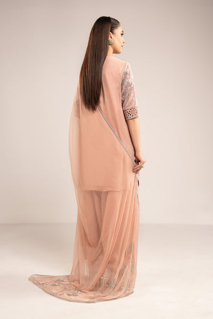  Model Wearing Pale Peach Short Shirt with Salwar - Maria B | Modern Archives | 3 Piece Embroidered Chiffon Suit - Ladies Clothes - Maria Faisal