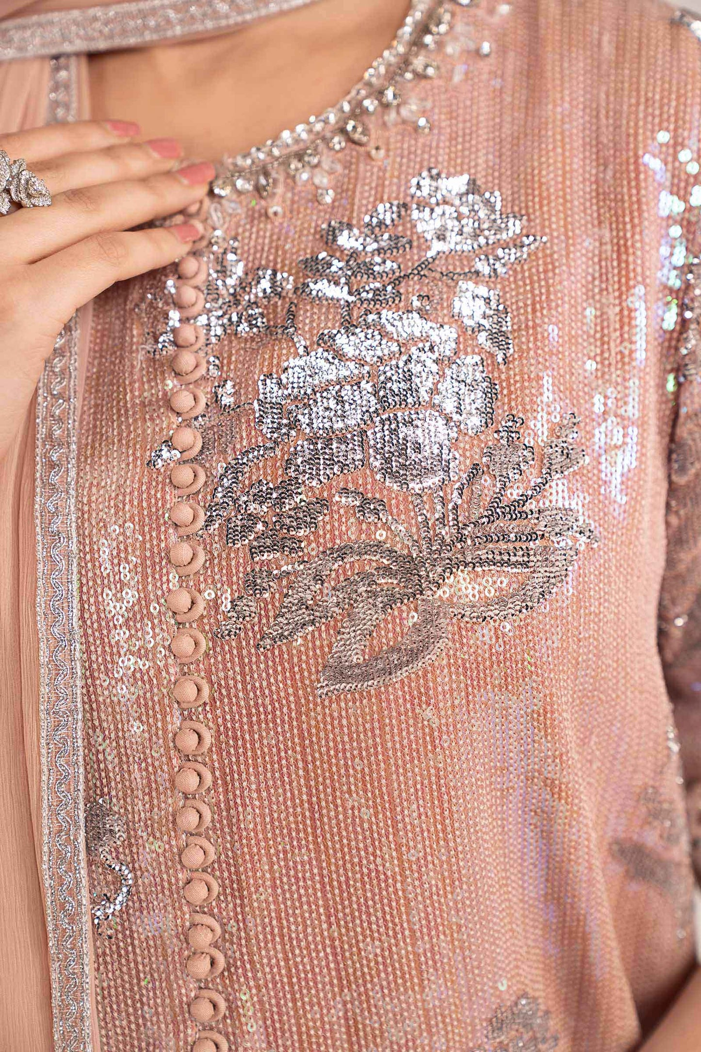  Model Wearing Pale Peach Short Shirt with Salwar - Maria B | Modern Archives | 3 Piece Embroidered Chiffon Suit - Ladies Clothes - Maria Faisal