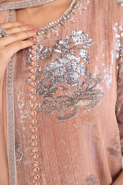  Model Wearing Pale Peach Short Shirt with Salwar - Maria B | Modern Archives | 3 Piece Embroidered Chiffon Suit - Ladies Clothes - Maria Faisal