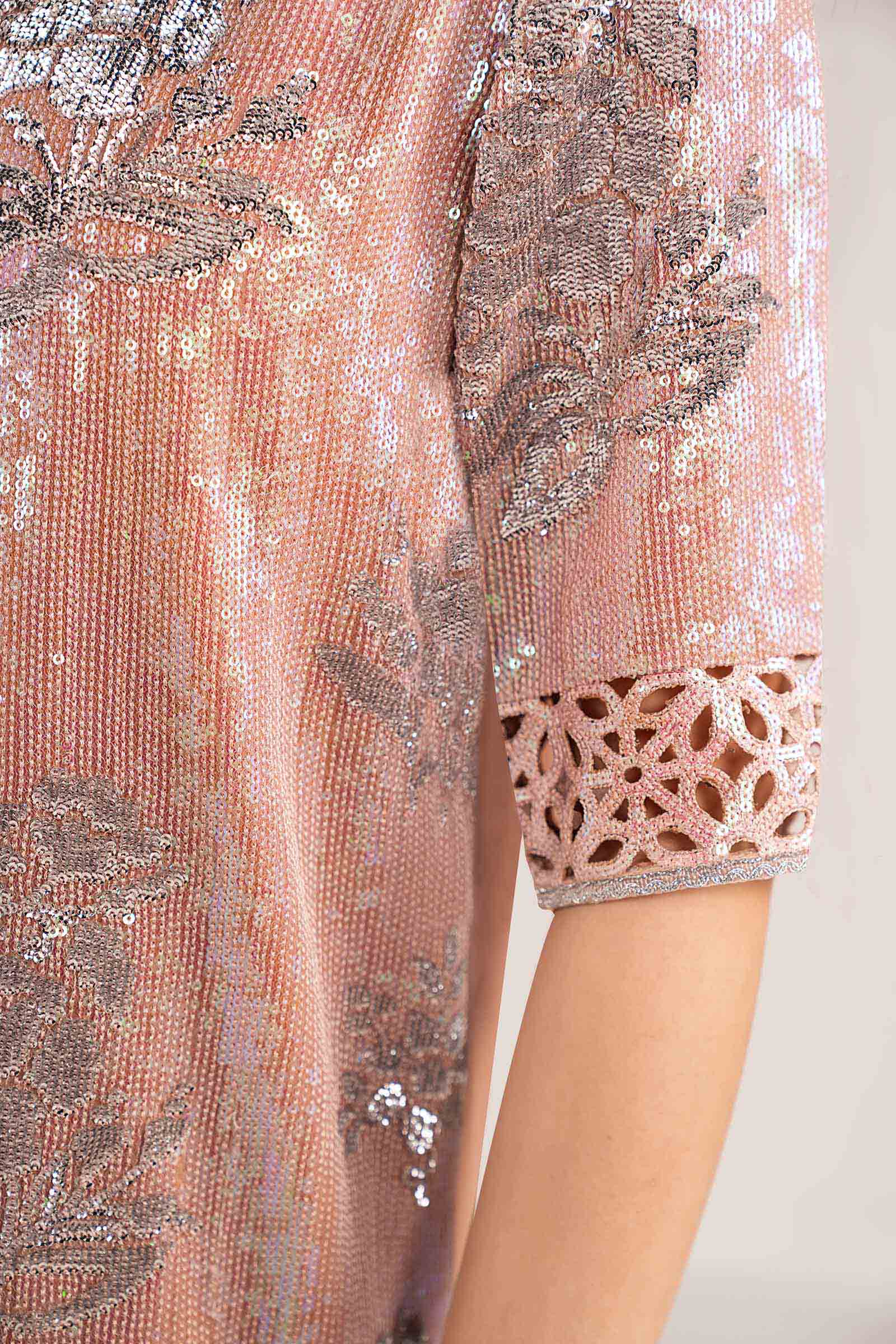  Model Wearing Pale Peach Short Shirt with Salwar - Maria B | Modern Archives | 3 Piece Embroidered Chiffon Suit - Ladies Clothes - Maria Faisal