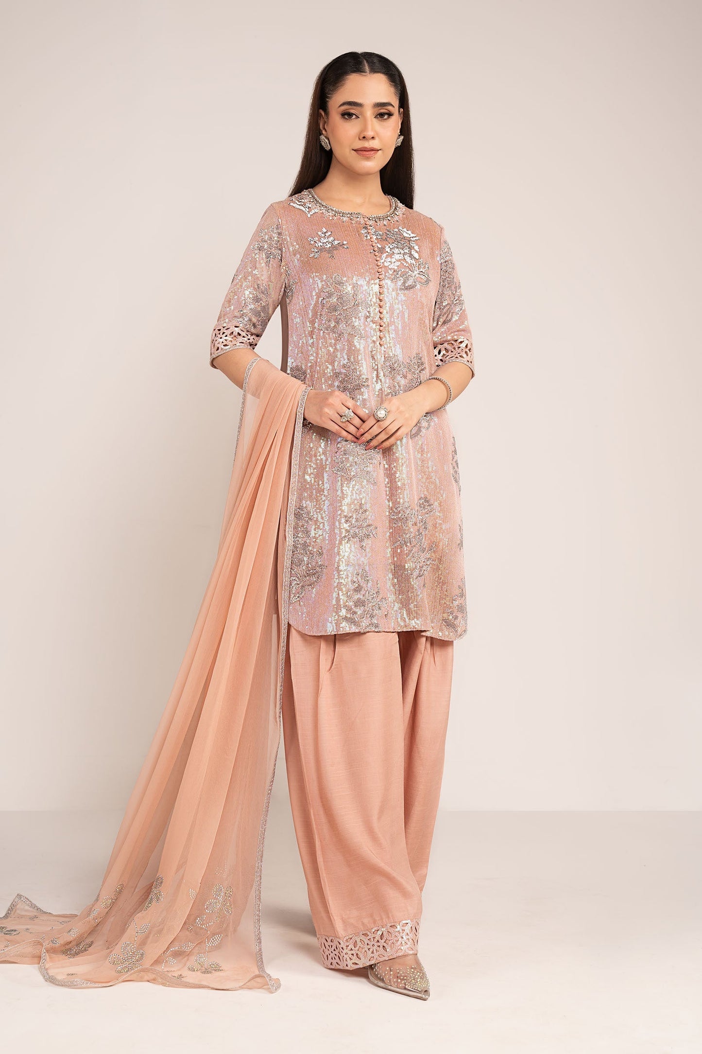  Model Wearing Pale Peach Short Shirt with Salwar - Maria B | Modern Archives | 3 Piece Embroidered Chiffon Suit - Ladies Clothes - Maria Faisal