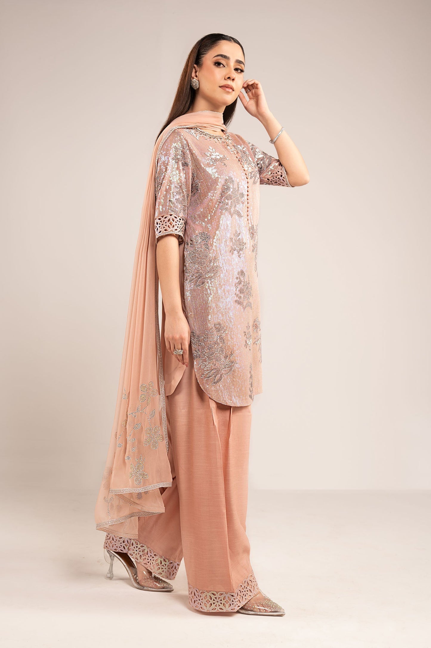  Model Wearing Pale Peach Short Shirt with Salwar - Maria B | Modern Archives | 3 Piece Embroidered Chiffon Suit - Ladies Clothes - Maria Faisal