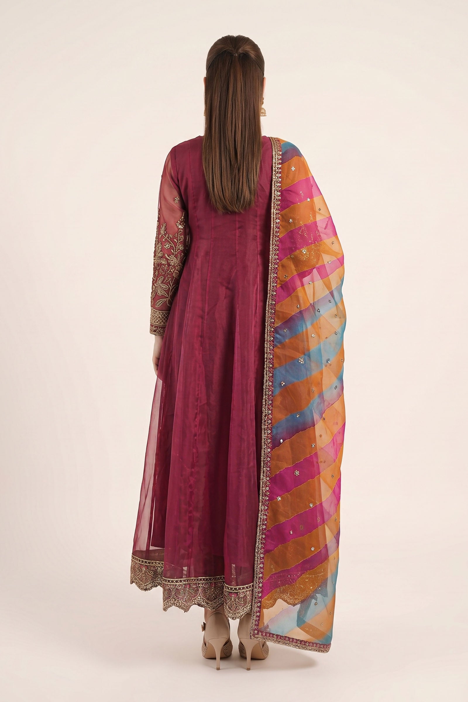 Maria B | Luxury Formals | SF-EF26-08-Maroon - Formal Dress - available at Maria Faisal in UK and USA.