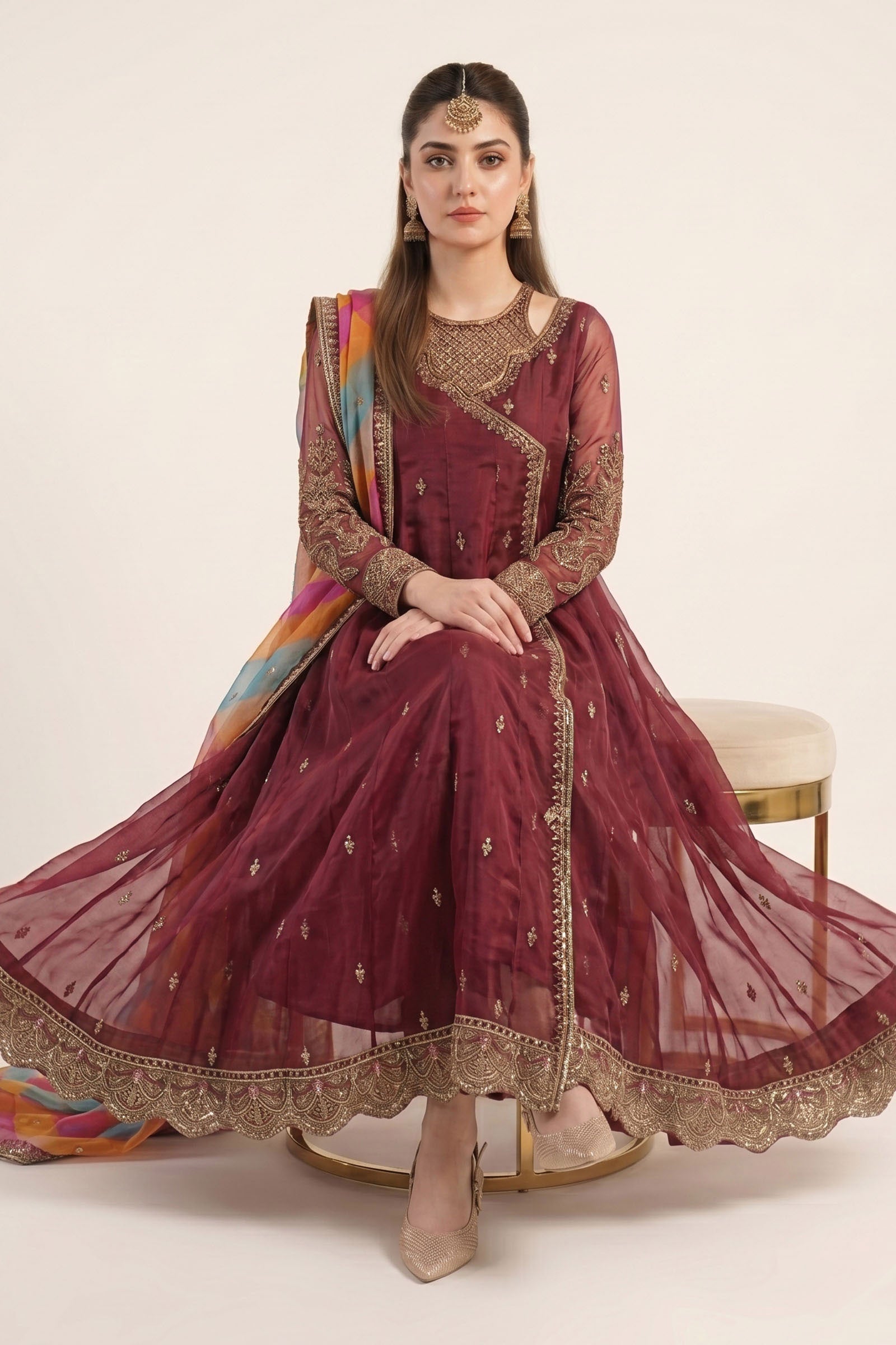 Maria B | Luxury Formals | SF-EF26-08-Maroon - Formal Dress - available at Maria Faisal in UK and USA.