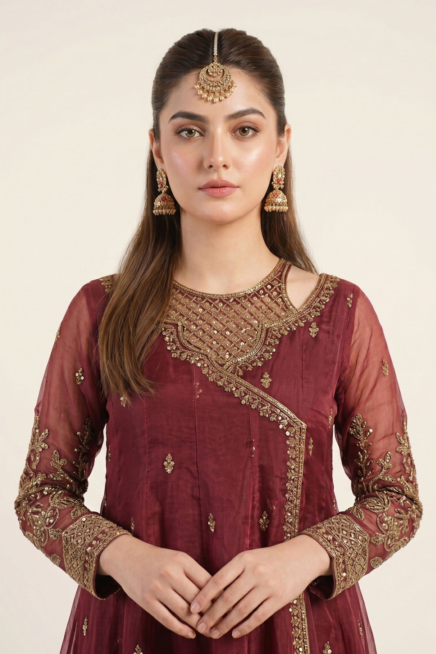Maria B | Luxury Formals | SF-EF26-08-Maroon - Formal Dress - available at Maria Faisal in UK and USA.