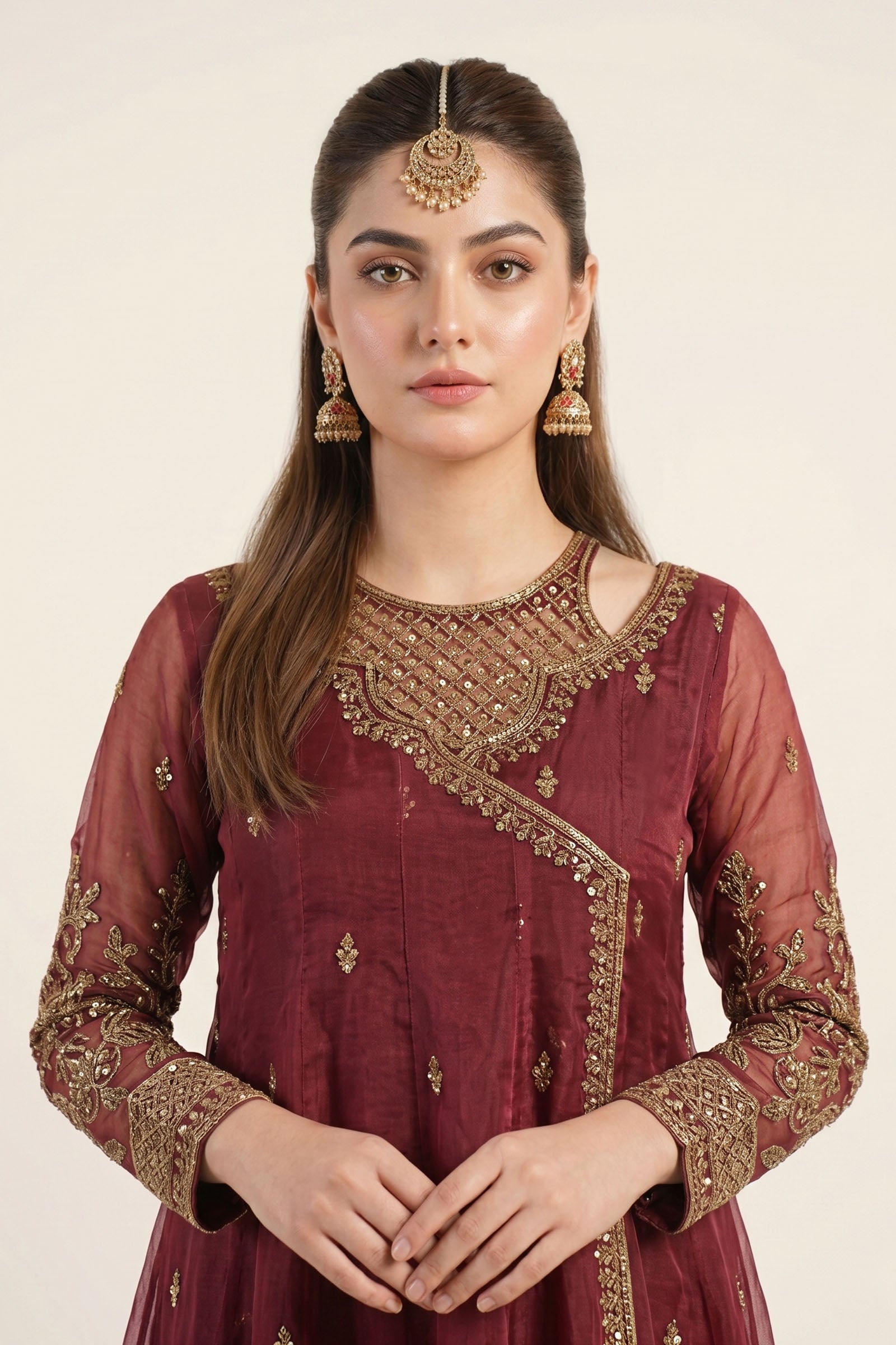 Maria B | Luxury Formals | SF-EF26-08-Maroon - Formal Dress - available at Maria Faisal in UK and USA.