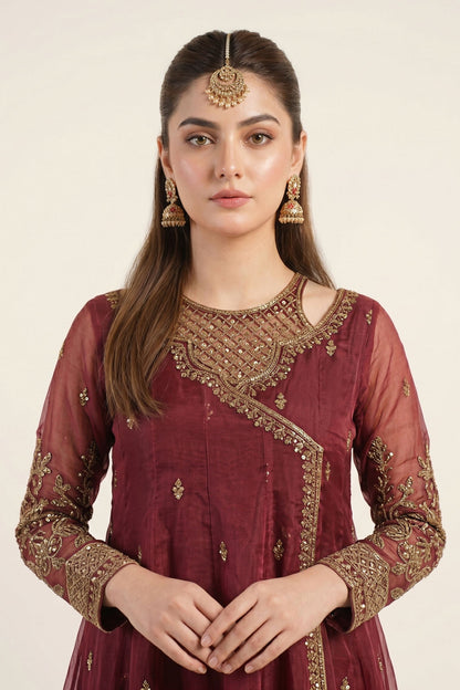 Maria B | Luxury Formals | SF-EF26-08-Maroon - Formal Dress - available at Maria Faisal in UK and USA.