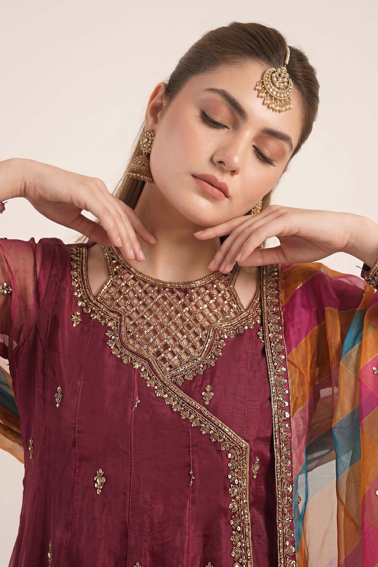 Maria B | Luxury Formals | SF-EF26-08-Maroon - Formal Dress - available at Maria Faisal in UK and USA.
