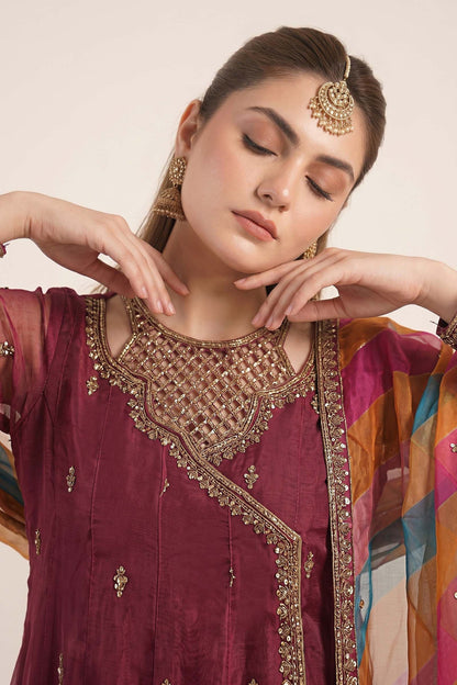Maria B | Luxury Formals | SF-EF26-08-Maroon - Formal Dress - available at Maria Faisal in UK and USA.