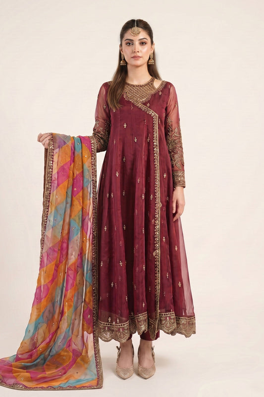 Maria B | Luxury Formals | SF-EF26-08-Maroon - Formal Dress - available at Maria Faisal in UK and USA.