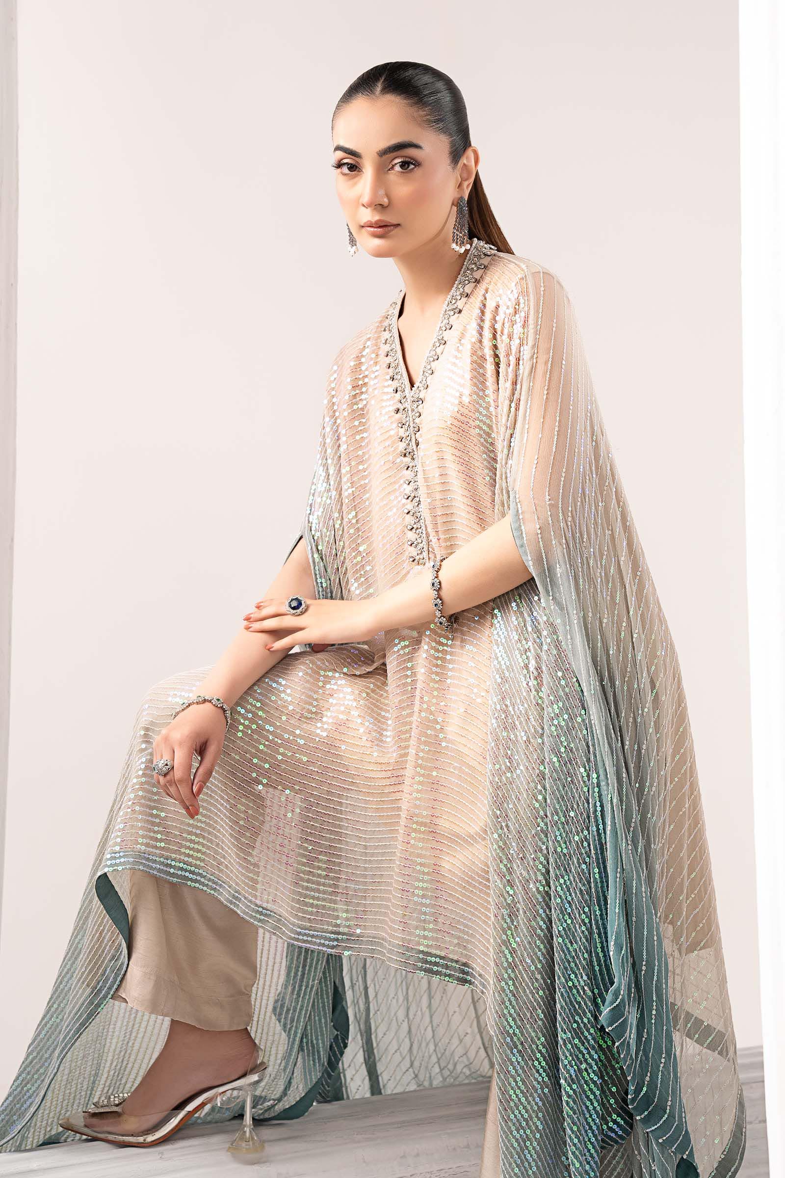  Model Wearing Beige Kaftan - Maria B | Modern Archives | 3 Piece Embroidered Chiffon Suit - Ladies Clothes - Maria Faisal