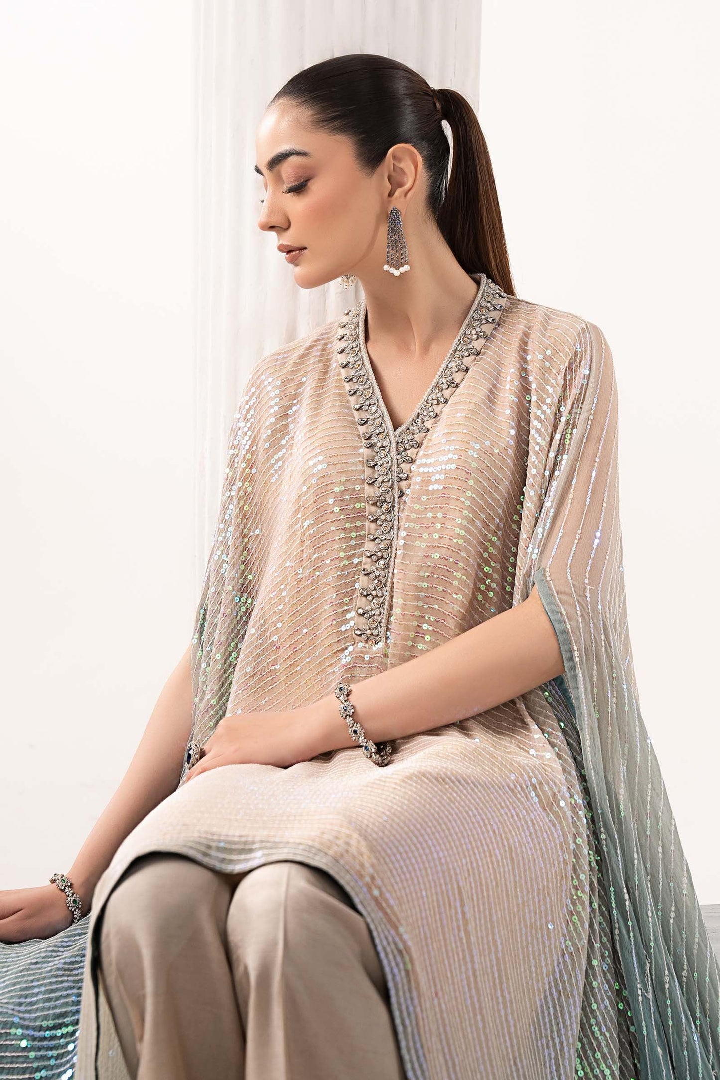  Model Wearing Beige Kaftan - Maria B | Modern Archives | 3 Piece Embroidered Chiffon Suit - Ladies Clothes - Maria Faisal