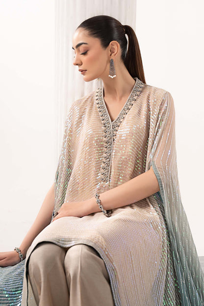  Model Wearing Beige Kaftan - Maria B | Modern Archives | 3 Piece Embroidered Chiffon Suit - Ladies Clothes - Maria Faisal