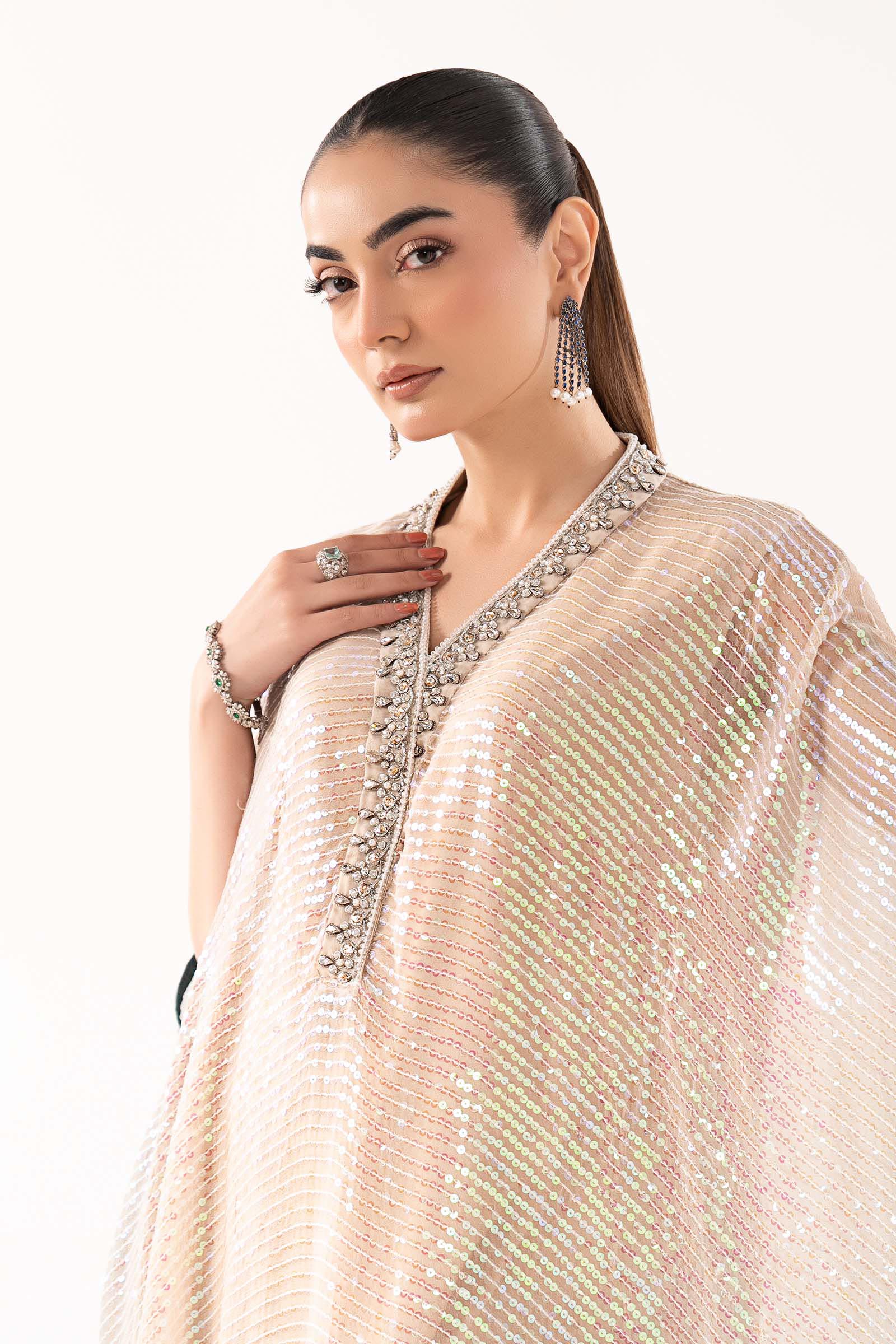 Model Wearing Beige Kaftan - Maria B | Modern Archives | 3 Piece Embroidered Chiffon Suit - Ladies Clothes - Maria Faisal