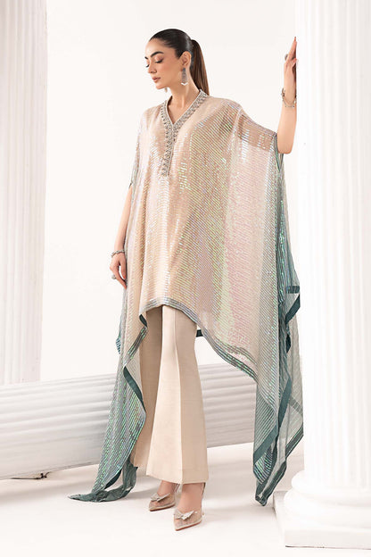  Model Wearing Beige Kaftan - Maria B | Modern Archives | 3 Piece Embroidered Chiffon Suit - Ladies Clothes - Maria Faisal