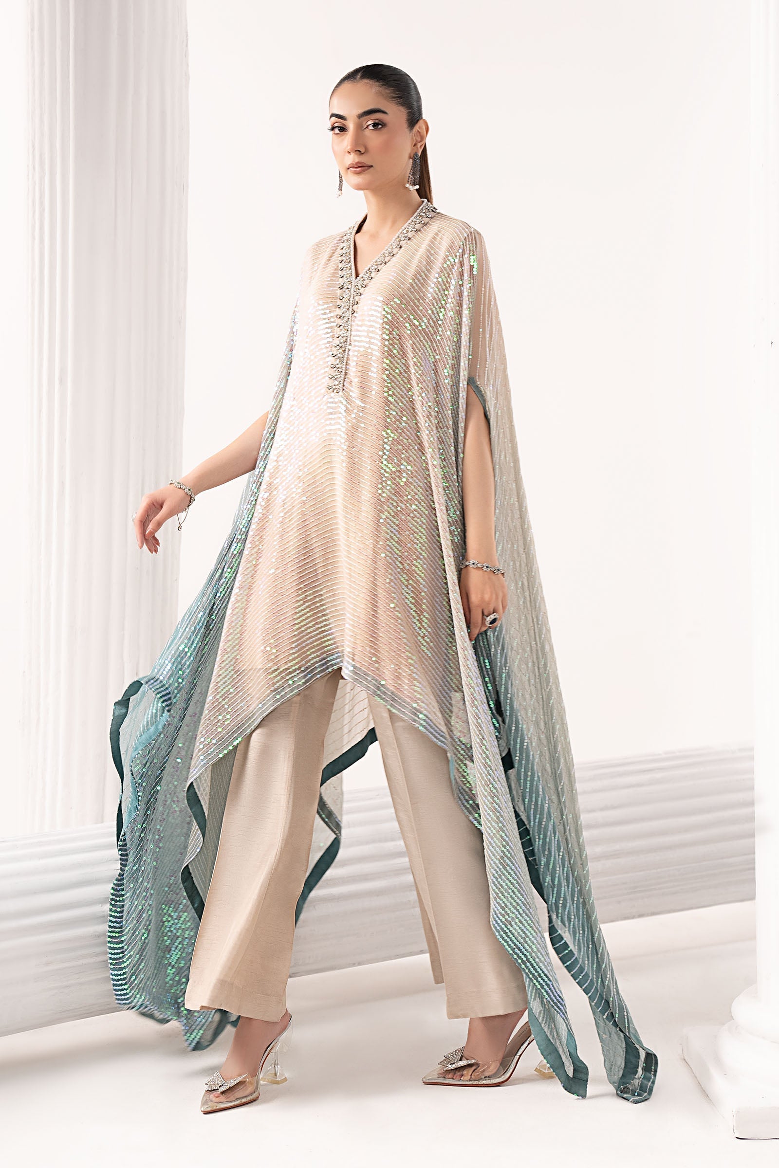  Model Wearing Beige Kaftan - Maria B | Modern Archives | 3 Piece Embroidered Chiffon Suit - Ladies Clothes - Maria Faisal