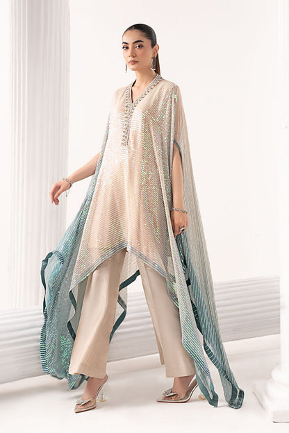  Model Wearing Beige Kaftan - Maria B | Modern Archives | 3 Piece Embroidered Chiffon Suit - Ladies Clothes - Maria Faisal