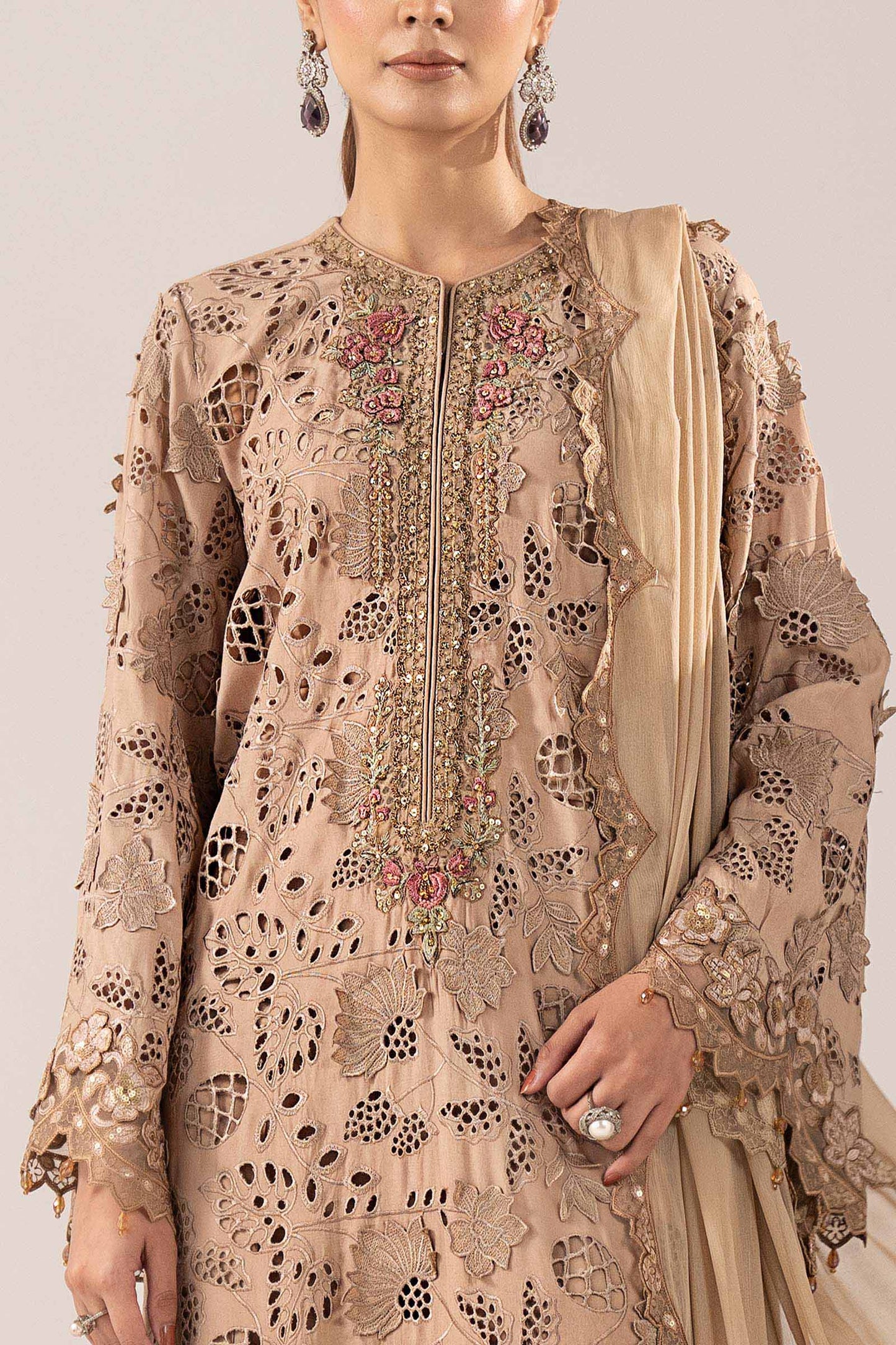 Maria B | Luxury Formals | SF-EF26-16-BEIGE - Formal Dress - available at Maria Faisal in UK and USA.