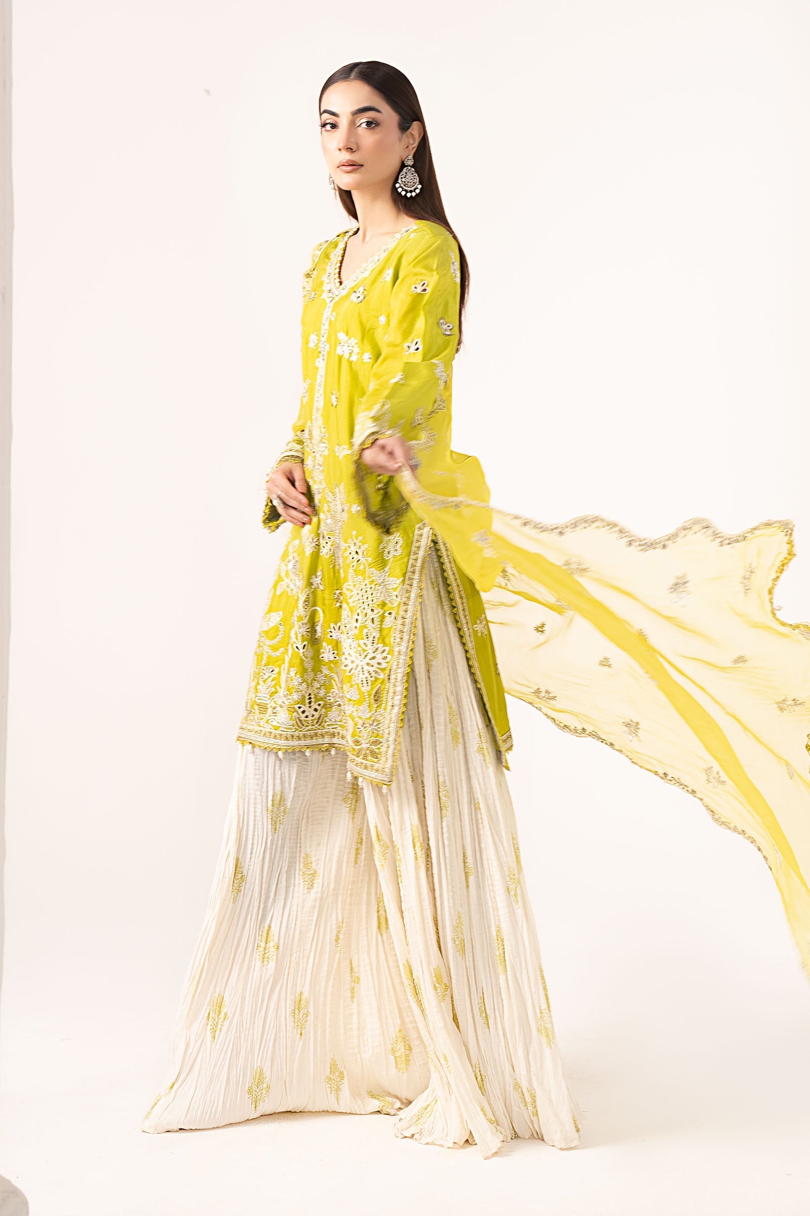 Maria B | Luxury Formals | SF-EF26-19-Acid Green - Formal Dress - available at Maria Faisal in UK and USA.