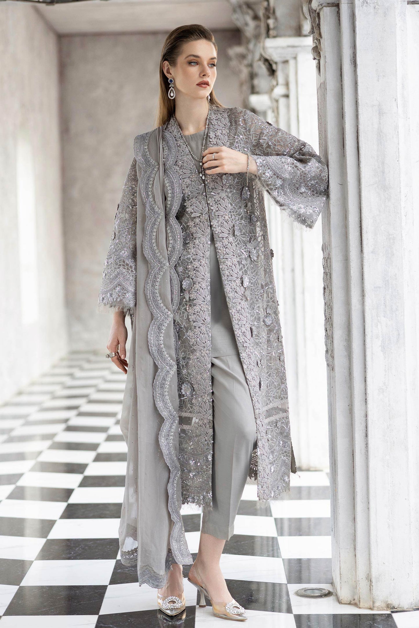 Maria B | Luxury Formals | SF-EF26-25-Grey - Formal Dress - available at Maria Faisal in UK and USA.