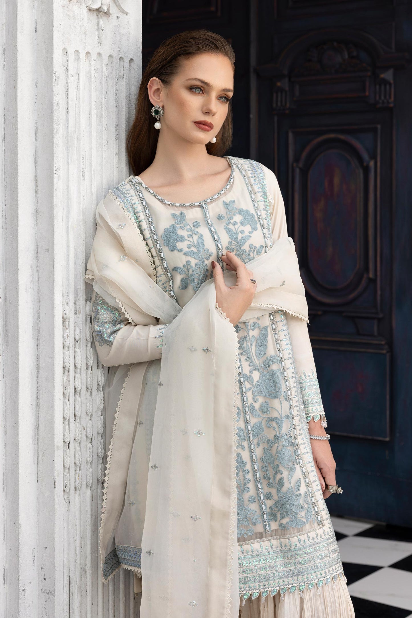 Maria B | Luxury Formals | SF-EF26-39-Off White - Formal Dress - available at Maria Faisal in UK and USA.
