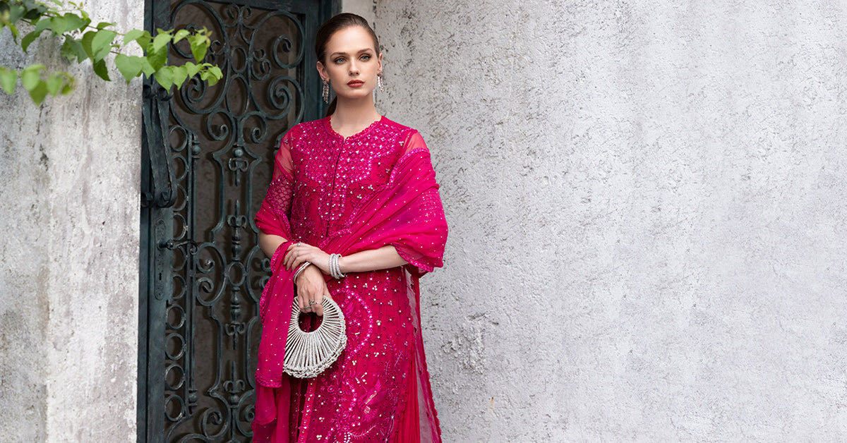 Maria B | Luxury Formals | SF-EF26-53-Fuchsia Pink - Formal Dress - available at Maria Faisal in UK and USA.