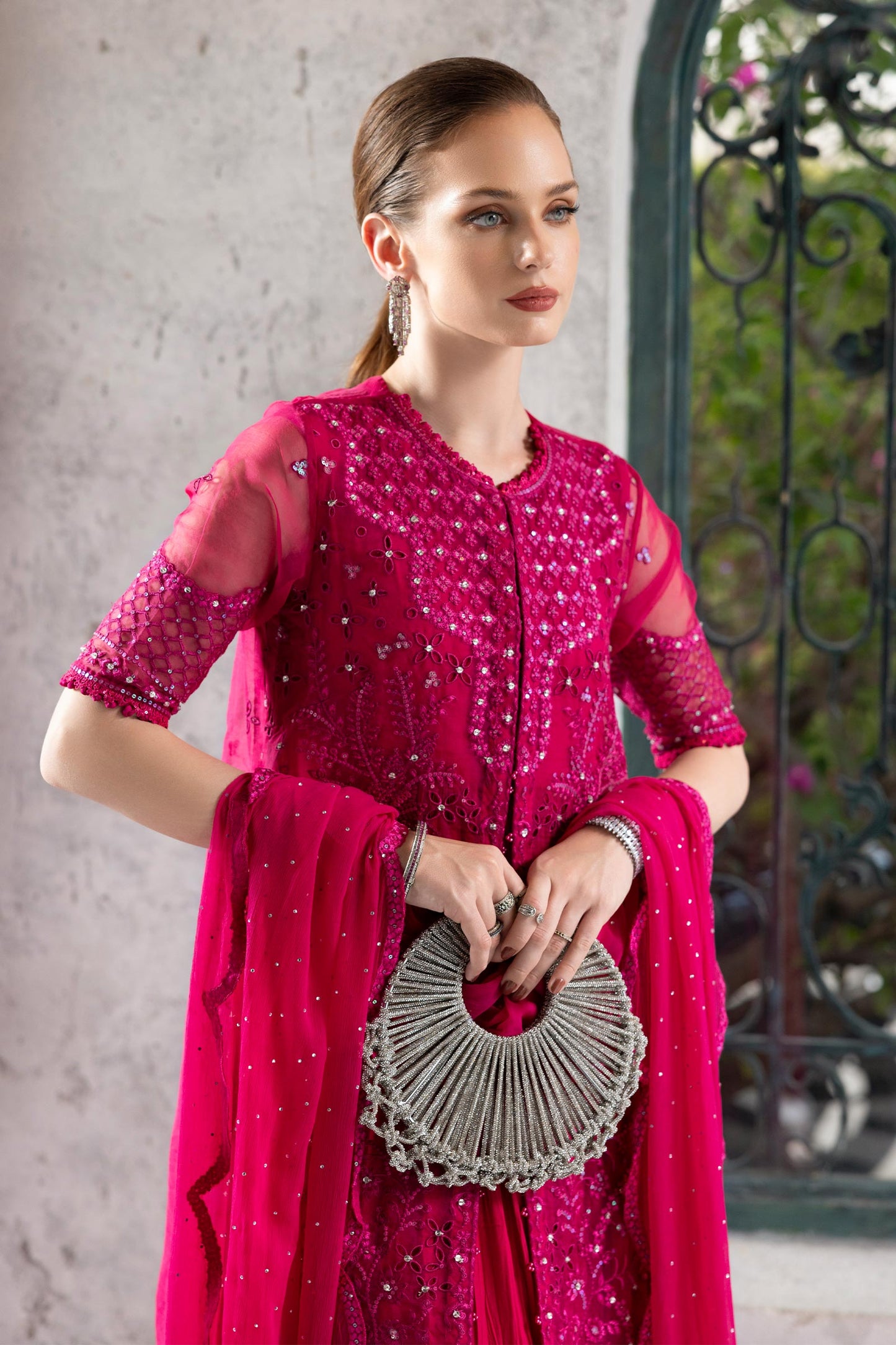  Model Wearing Fuchsia Pink Long Front Open Shirt - Maria B | Modern Archives | 3 Piece Embroidered Organza Suit - Ladies Clothes - Maria Faisal