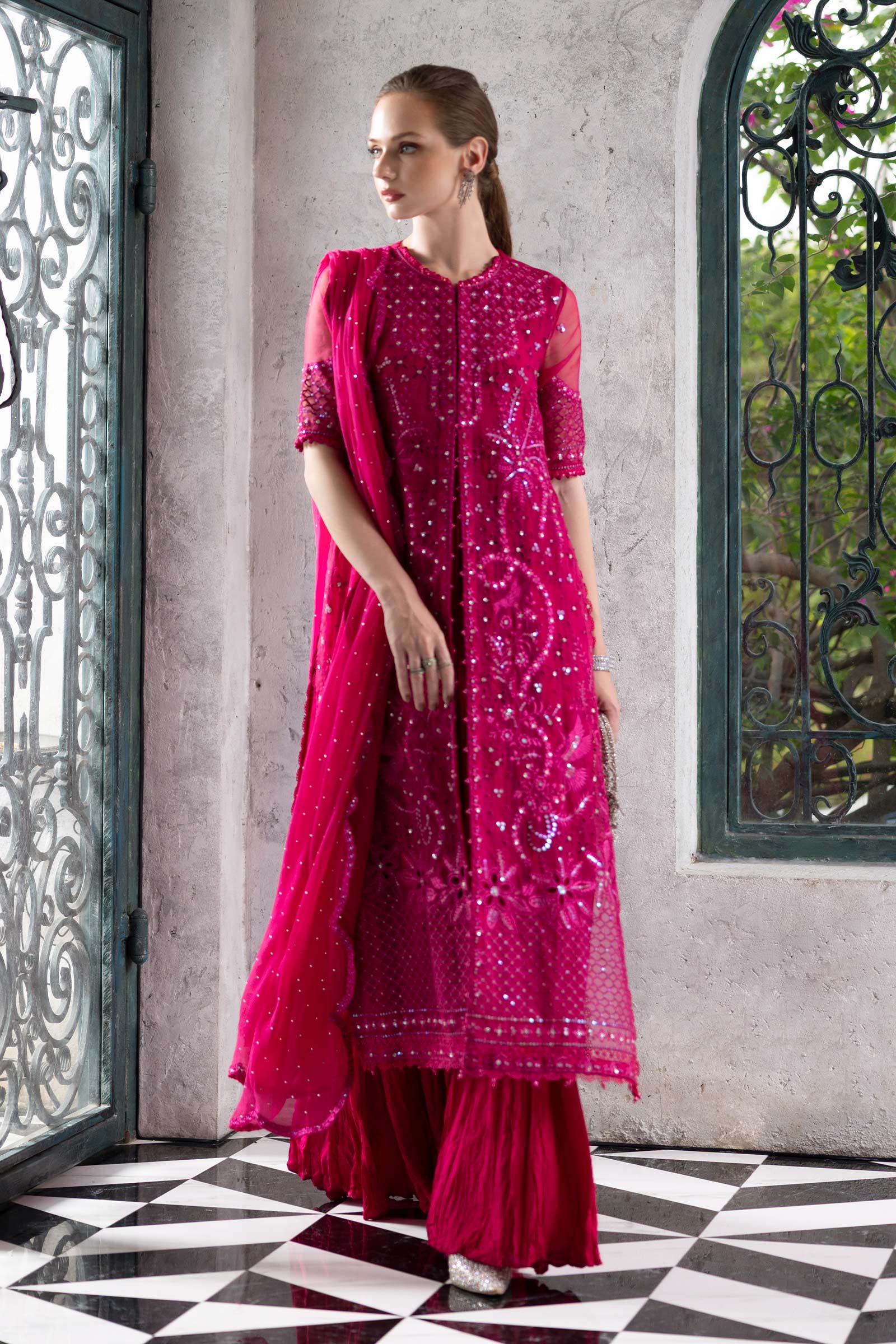  Model Wearing Fuchsia Pink Long Front Open Shirt - Maria B | Modern Archives | 3 Piece Embroidered Organza Suit - Ladies Clothes - Maria Faisal