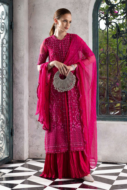  Model Wearing Fuchsia Pink Long Front Open Shirt - Maria B | Modern Archives | 3 Piece Embroidered Organza Suit - Ladies Clothes - Maria Faisal