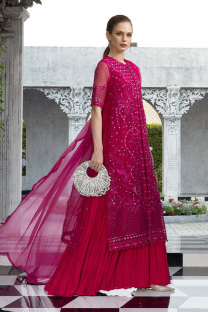  Model Wearing Fuchsia Pink Long Front Open Shirt - Maria B | Modern Archives | 3 Piece Embroidered Organza Suit - Ladies Clothes - Maria Faisal