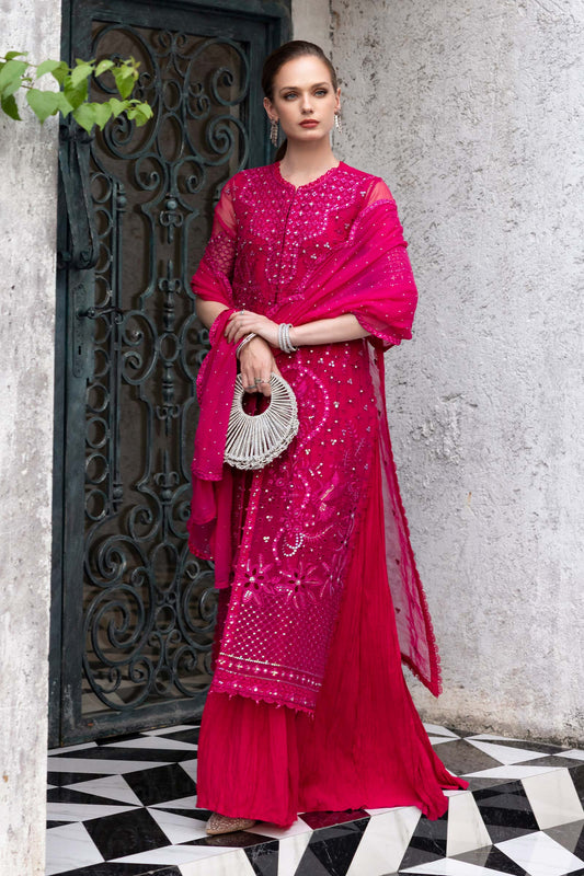  Model Wearing Fuchsia Pink Long Front Open Shirt - Maria B | Modern Archives | 3 Piece Embroidered Organza Suit - Ladies Clothes - Maria Faisal