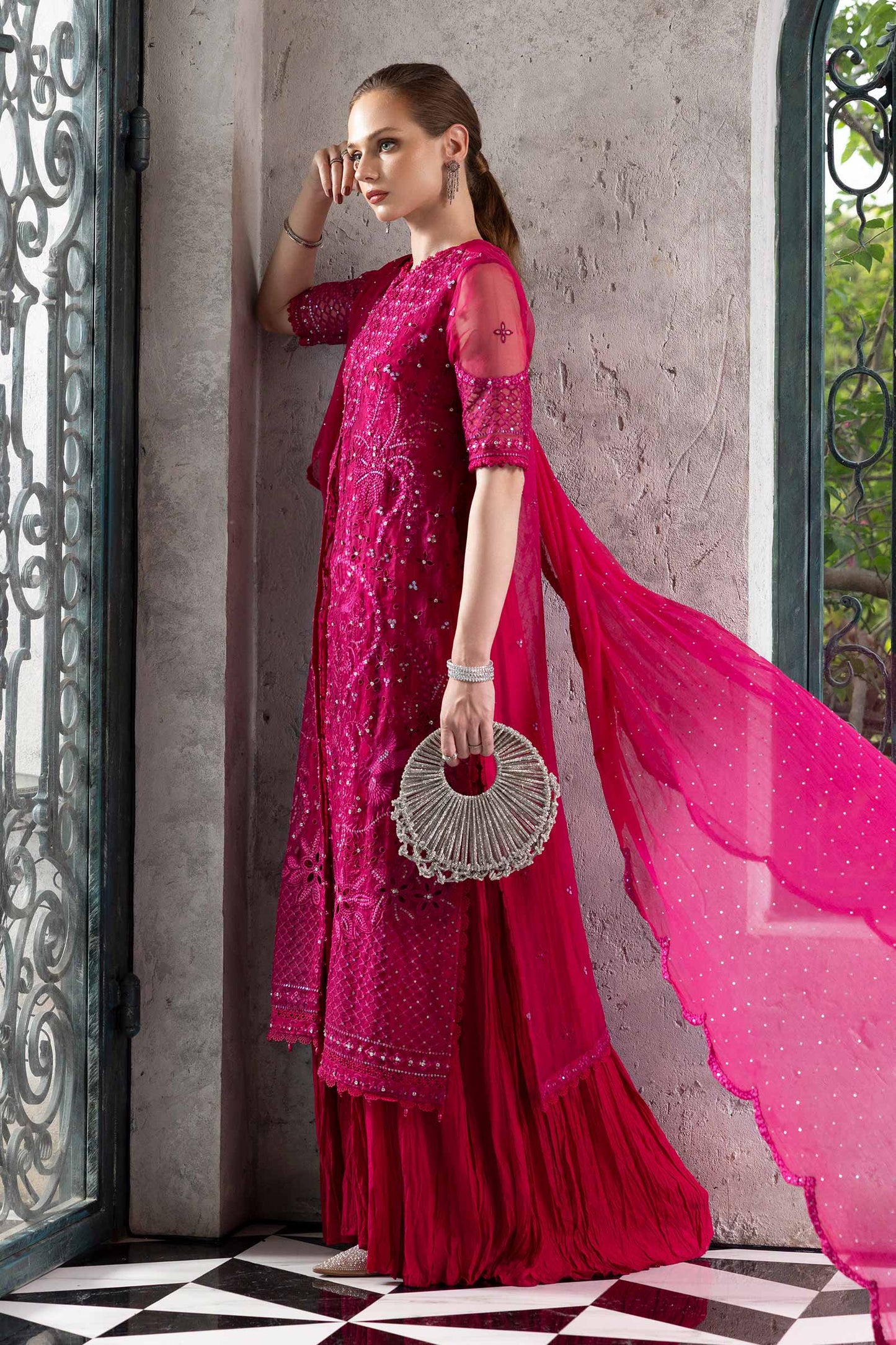  Model Wearing Fuchsia Pink Long Front Open Shirt - Maria B | Modern Archives | 3 Piece Embroidered Organza Suit - Ladies Clothes - Maria Faisal