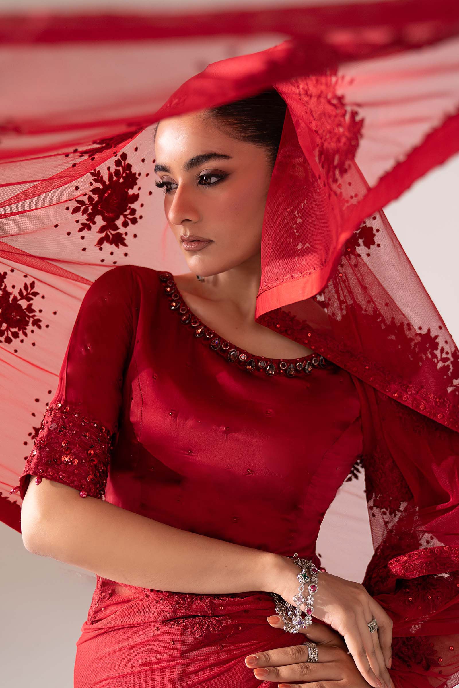 Red Embroidered Chiffon Blouse with Saree - Maria B | Luxury Formals | SF-EF26-56-Red
