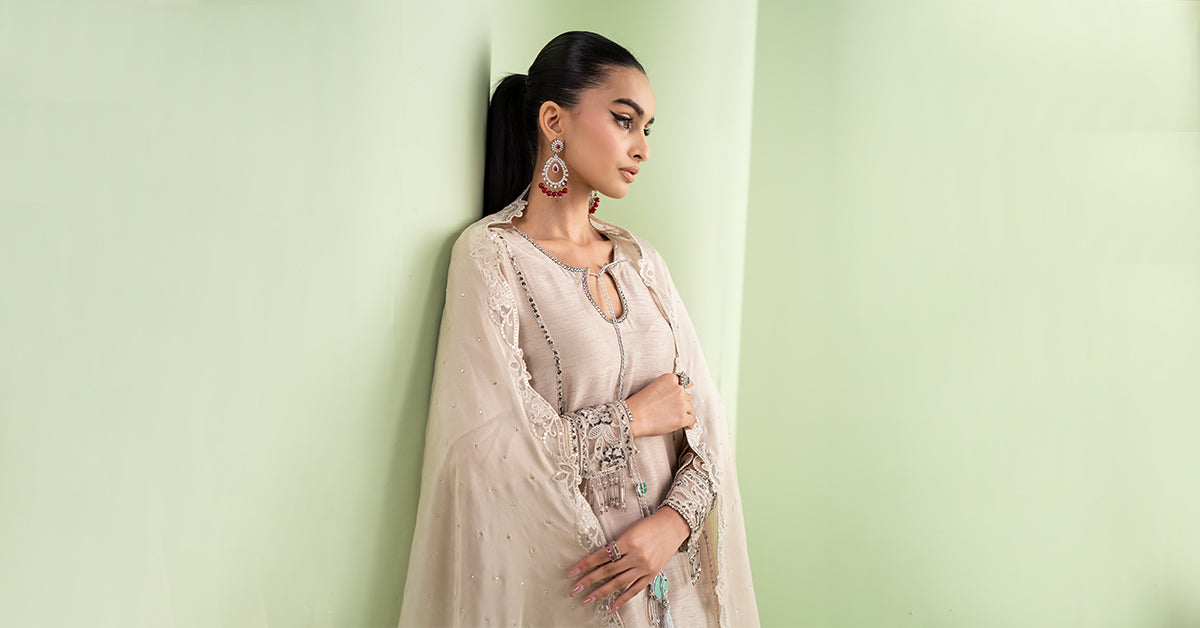 Maria B | Luxury Formals | SF-EF26-63-BEIGE - Formal Dress - available at Maria Faisal in UK and USA.