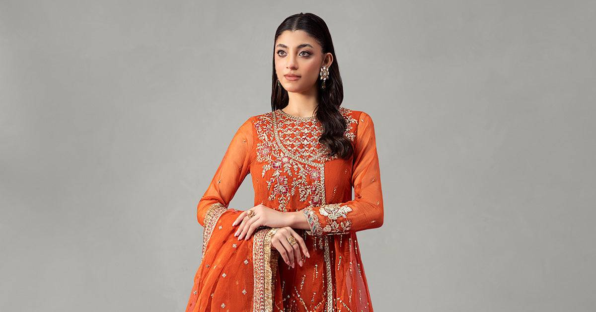 Maira B | Ready to Wear | SF-W24-19 Orange by Maria Faisal - Registered Vendor of : Maria B - type : Wedding Dress - 100% original wedding dresses