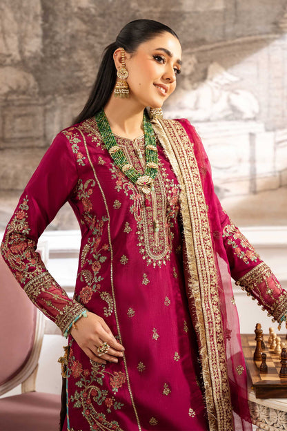 Maria B | Pre Fall Dresses | 3 Piece Embroidered Raw Silk Suit Redish Pink - Ladies Clothes - Maria Faisal