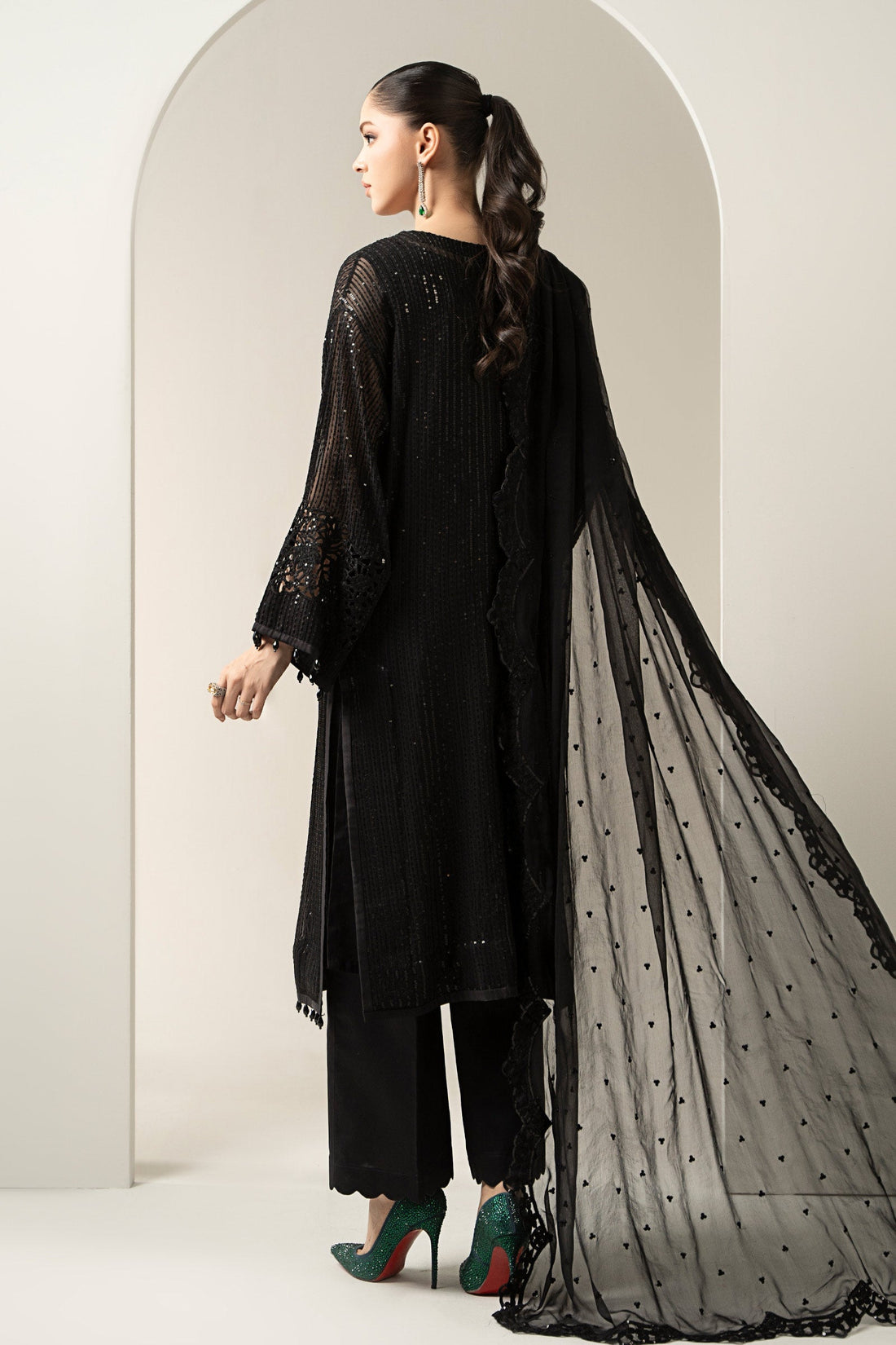 Maria B | Pre Fall Dresses | 3 Piece Embroidered Chiffon Suit Black - Ladies Clothes - Maria Faisal