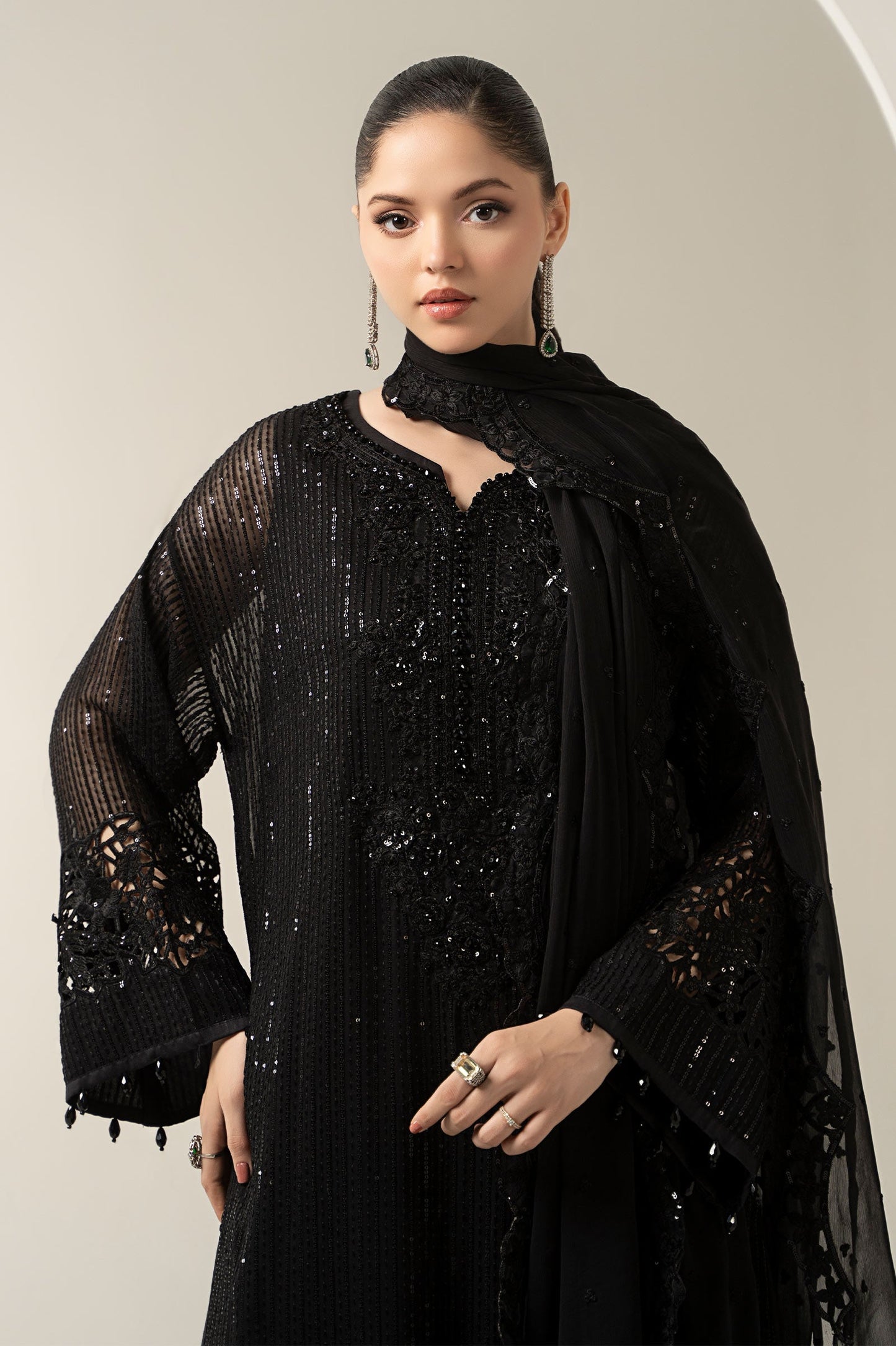 Maria B | Pre Fall Dresses | 3 Piece Embroidered Chiffon Suit Black - Ladies Clothes - Maria Faisal