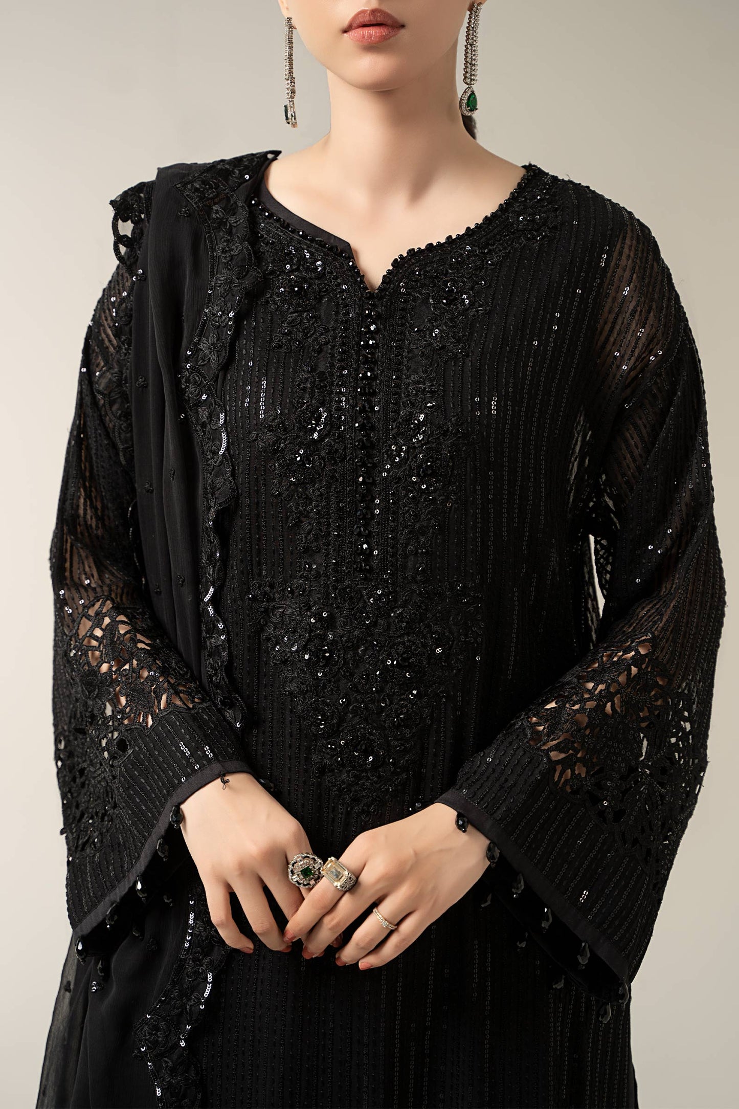 Maria B | Pre Fall Dresses | 3 Piece Embroidered Chiffon Suit Black - Ladies Clothes - Maria Faisal