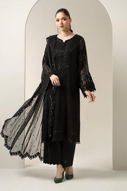 Maria B | Pre Fall Dresses | 3 Piece Embroidered Chiffon Suit Black - Ladies Clothes - Maria Faisal