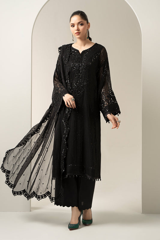 Maria B | Pre Fall Dresses | 3 Piece Embroidered Chiffon Suit Black - Ladies Clothes - Maria Faisal
