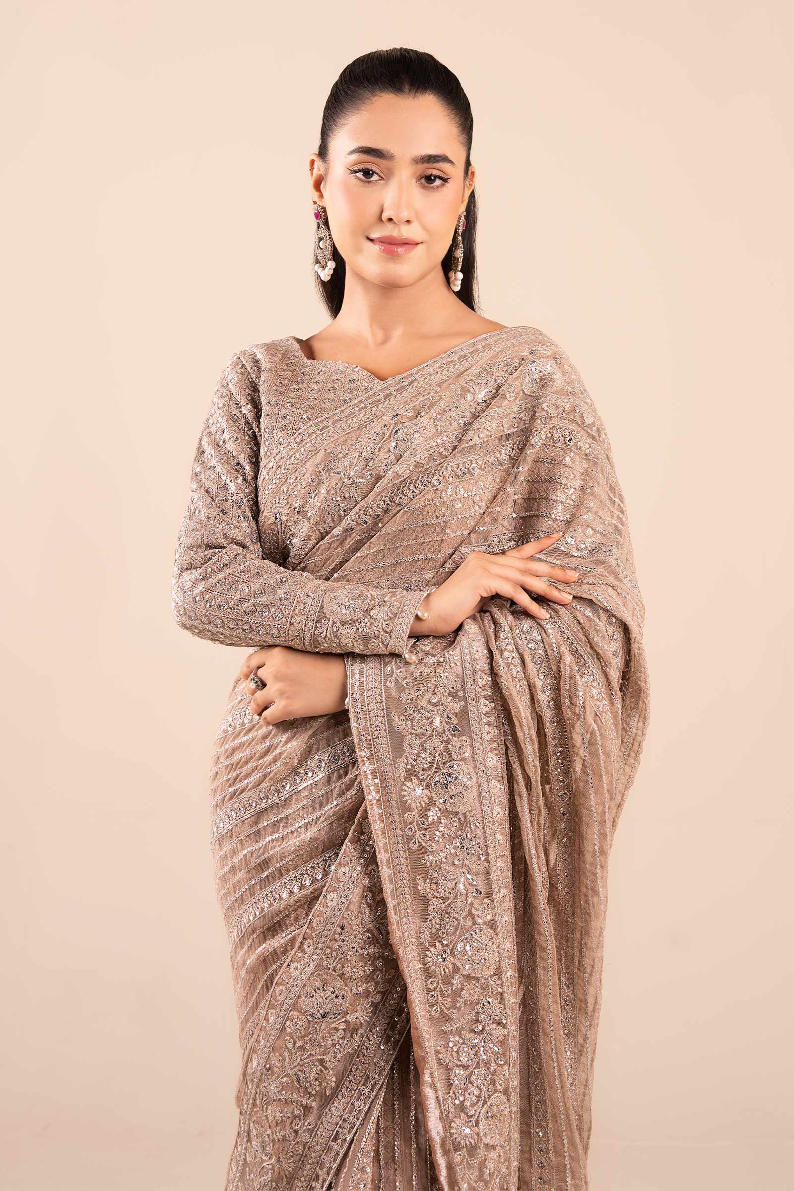 Maria B | Pre Fall Dresses | Embroidered Net Saree Light Skin - Ladies Clothes - Maria Faisal