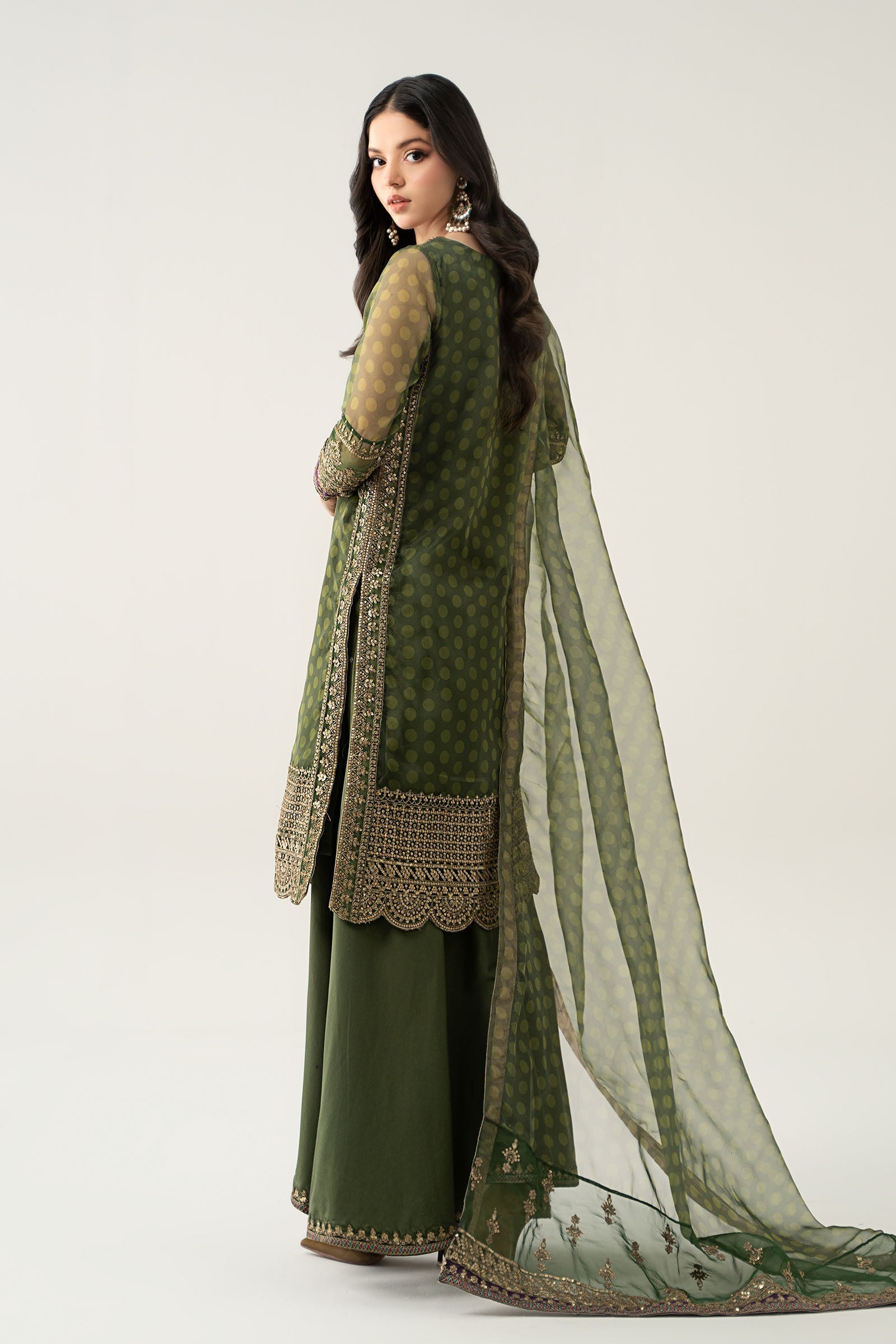 Maria B | Pre Fall Dresses | 3 Piece Embroidered Suit Deep Olive Green - Ladies Clothes - Maria Faisal