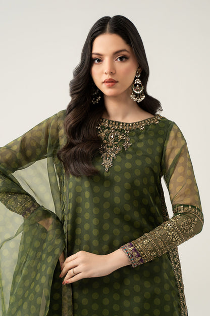 Maria B | Pre Fall Dresses | 3 Piece Embroidered Suit Deep Olive Green - Ladies Clothes - Maria Faisal