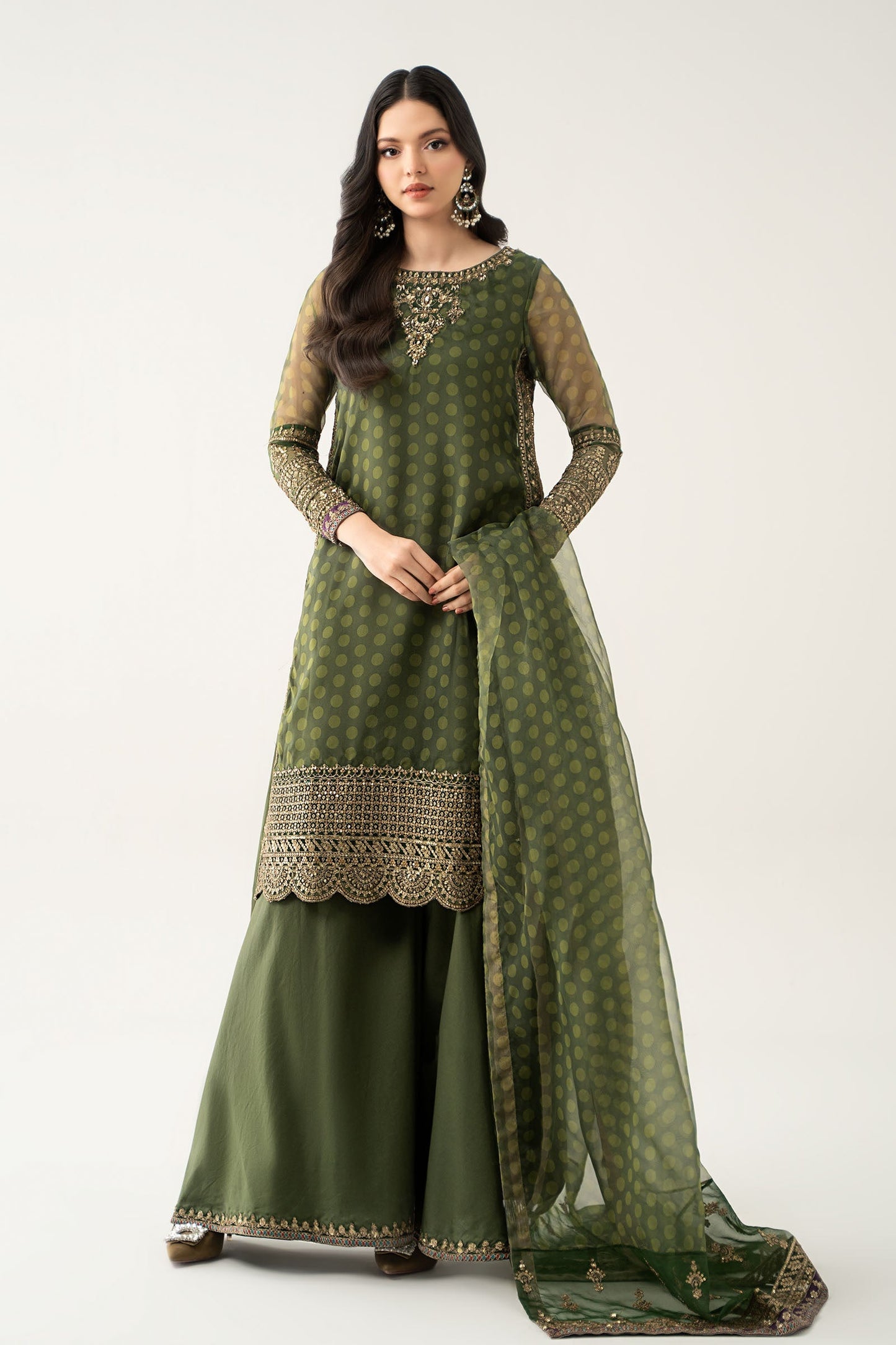 Maria B | Pre Fall Dresses | 3 Piece Embroidered Suit Deep Olive Green - Ladies Clothes - Maria Faisal