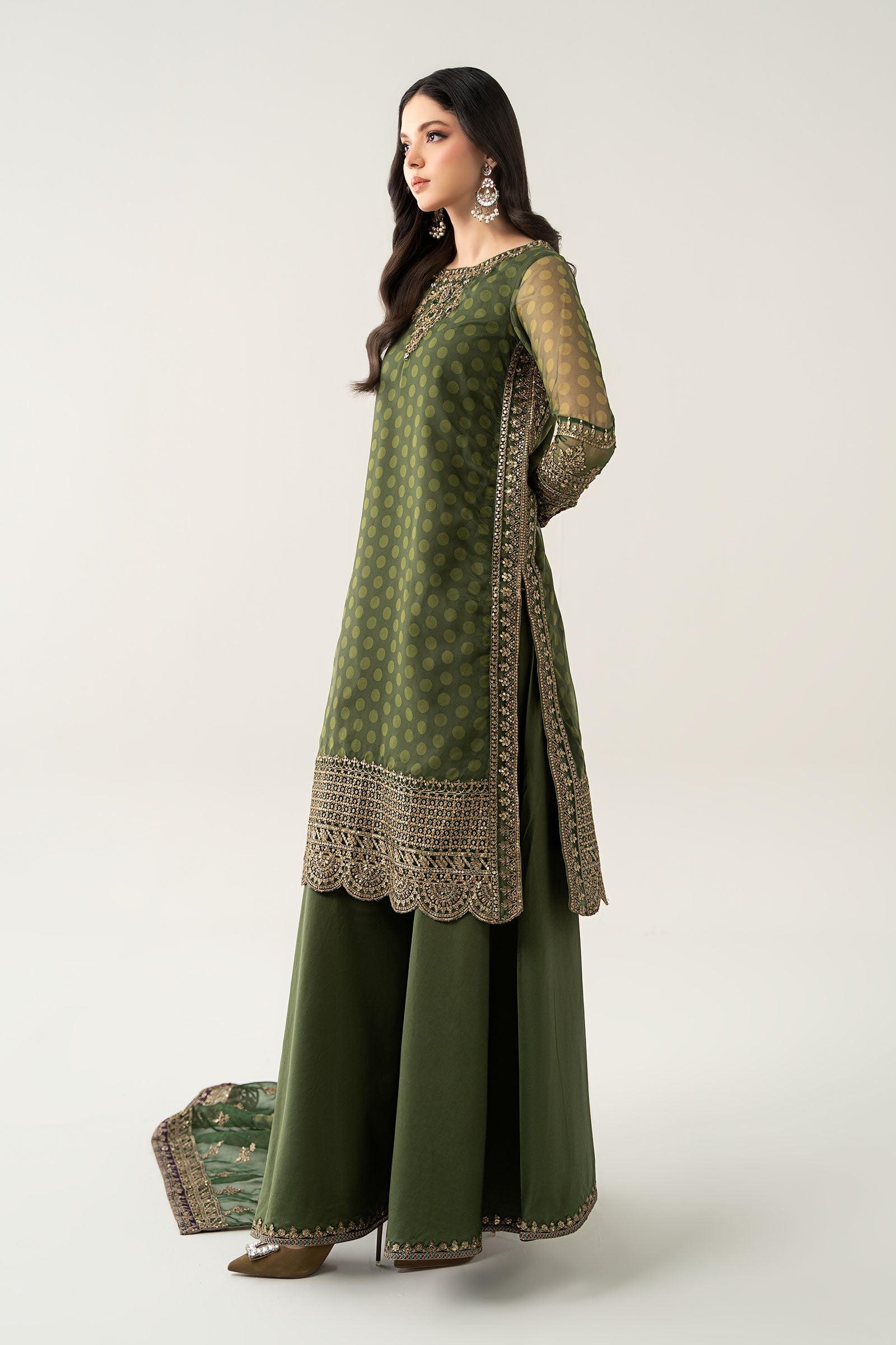 Maria B | Pre Fall Dresses | 3 Piece Embroidered Suit Deep Olive Green - Ladies Clothes - Maria Faisal