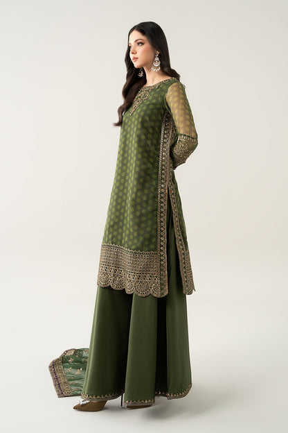 Maria B | Pre Fall Dresses | 3 Piece Embroidered Suit Deep Olive Green - Ladies Clothes - Maria Faisal